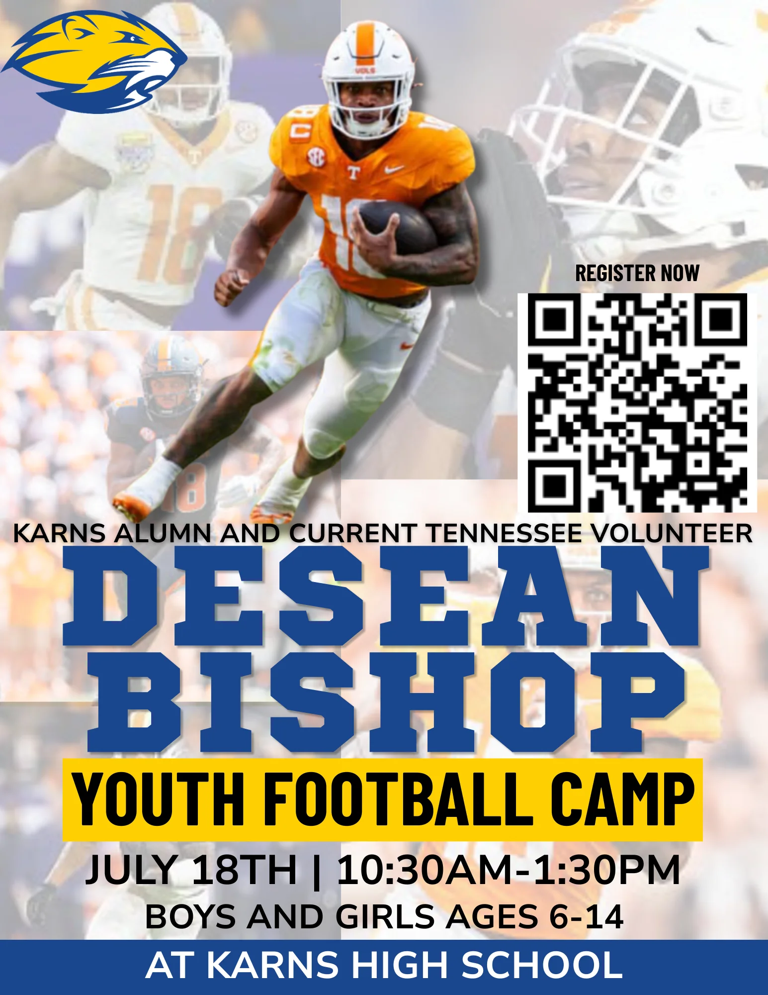 Desean Bishop Youth Football Camp flyer with QR code and registration details